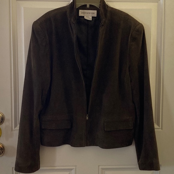 Jones New York Suede Zip Jacket/100% Leather/Dark Olive Green/Size 14/WORN ONCE! - Picture 2 of 4